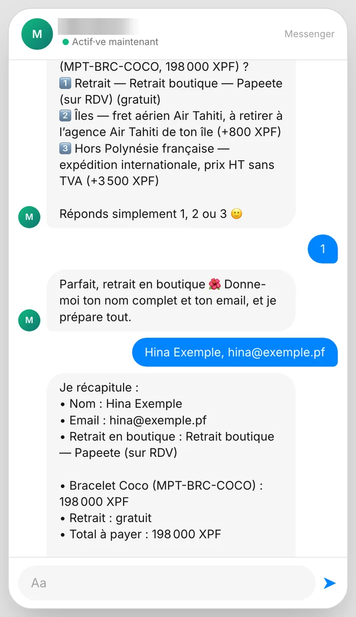 Conversation Messenger : l'assistant propose les modes de retrait, demande le nom et l'e-mail, puis récapitule la commande.
